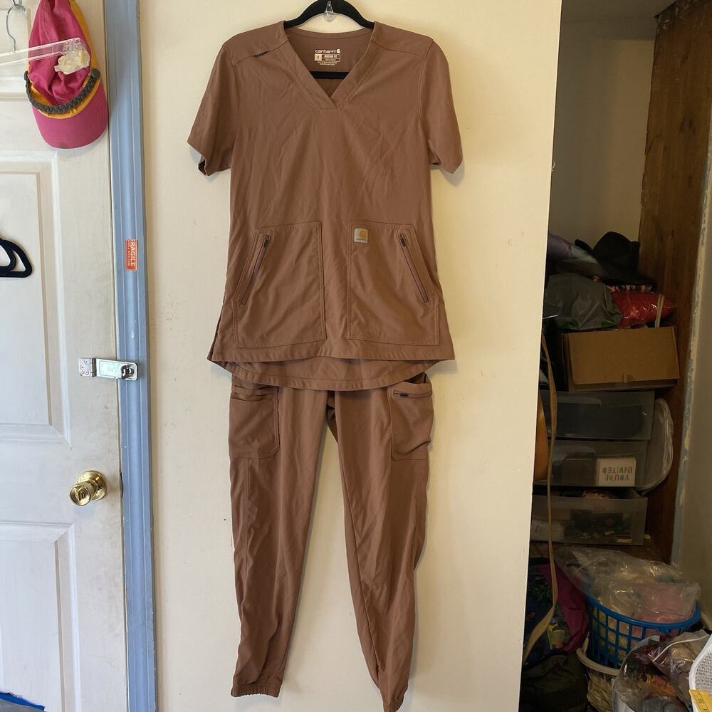 Carhartt Modern Fit Women S Work Scrub Nurse Uniform Set Brown Top & Pants - Picture 6 of 13